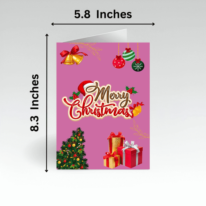 Classic Merry Christmas Card- with Gifts, Bells, Baubles and Christmas tree