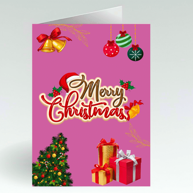 Classic Merry Christmas Card- with Gifts, Bells, Baubles and Christmas tree
