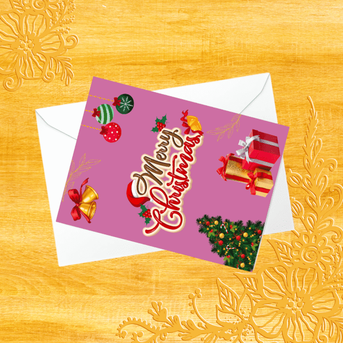 Classic Merry Christmas Card- with Gifts, Bells, Baubles and Christmas tree