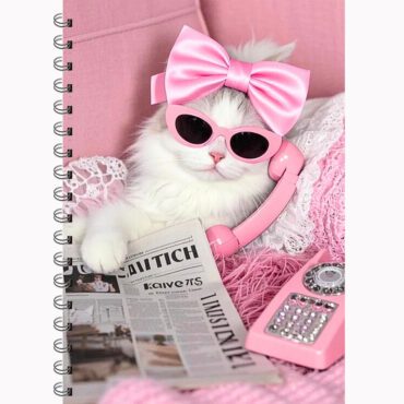 White Cat Pink Diary A5 Spiral Notebook | Cute Kitten Bow Sunglasses Journal Girls Gift Pakistan | Girly Pink Aesthetic Cat Stationery| Cute Coquette Cat A5 Spiral Diary | Aesthetic Pink Kitten with Bow Journal for Girls & Stationery Lovers (A5)| Pink Cat Diary A5 Notebook| White Kitten Journal|  Cute Cat Gift Girls Pakistan| Vintage Phone Design| Cat Diary Pink Notebook A5 Girly Journal| Cute Cat Aesthetic Stationery| Birthday gift| Teen girl Gift| College Girl Diary| Online Stationery Pakistan|  Free Delivery Pakistan | COD Available