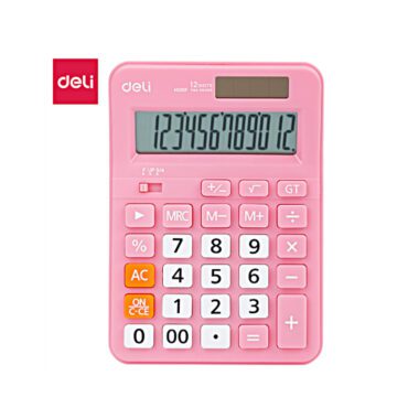 Deli M210F pink calculator — 12 digit large LCD, solar+battery dual power, big sensitive keys, memory, GT, square root, auto power-off. Best price Pakistan. FREE DELIVERY Pakistan. COD available.