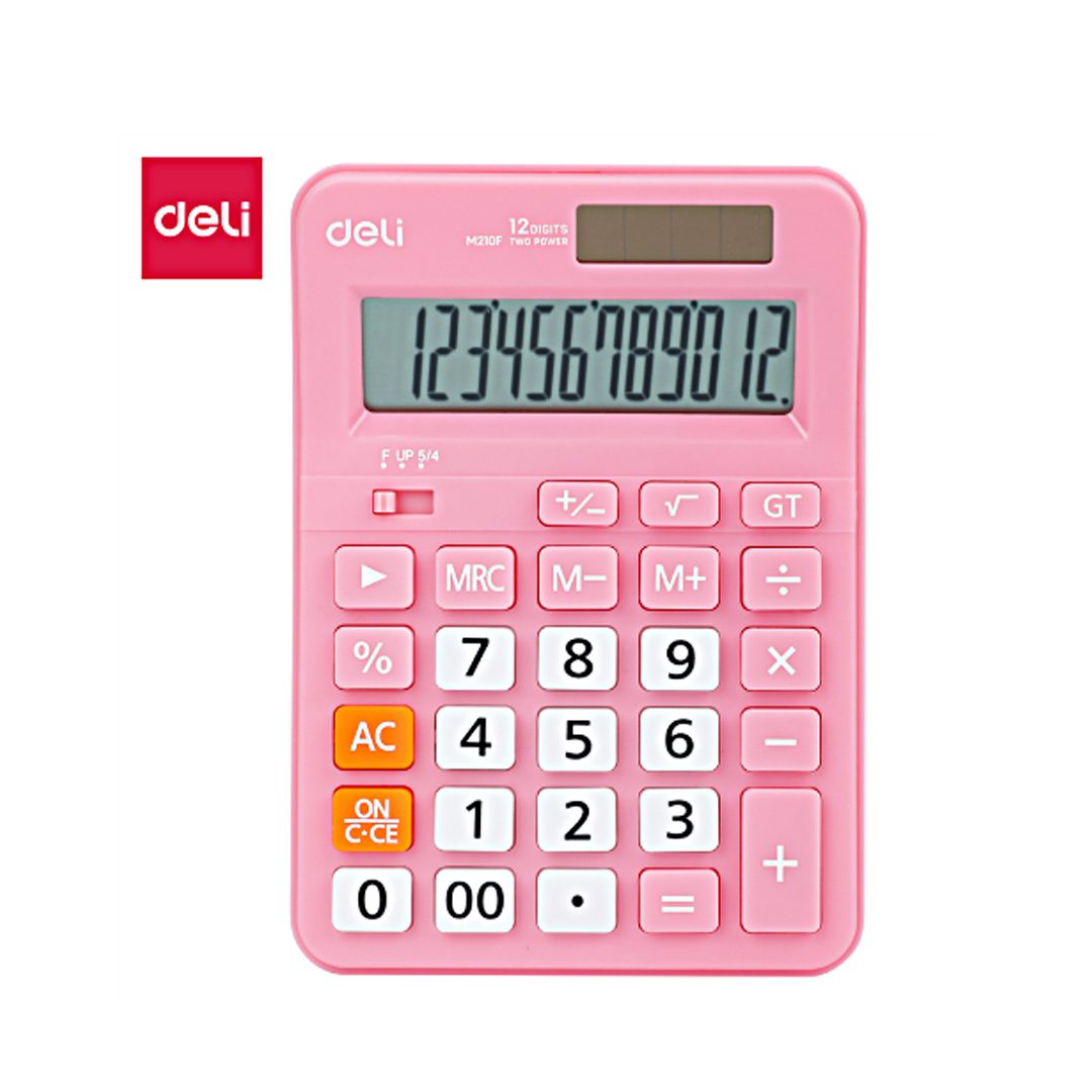Deli M210F pink calculator — 12 digit large LCD, solar+battery dual power, big sensitive keys, memory, GT, square root, auto power-off. Best price Pakistan. FREE DELIVERY Pakistan. COD available.